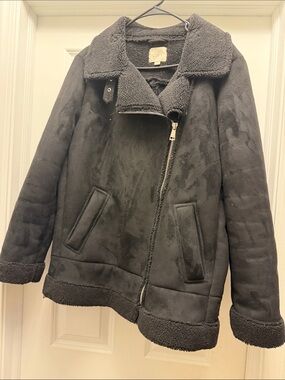 LOFT Black Faux Shearling Asymmetric Zip Jacket